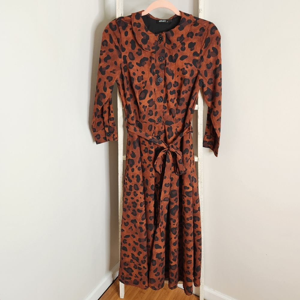 eShakti small 6 animal print button down midi crepe shirt dress